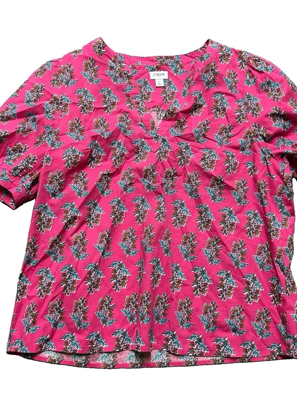 Women’s J Crew Pink Floral Short Sleeve Blouse Size Large